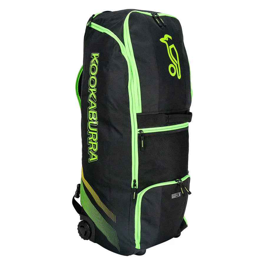 Kookaburra WD2000 Wheelie Duffle Bag front view with telescopic handle extended.

