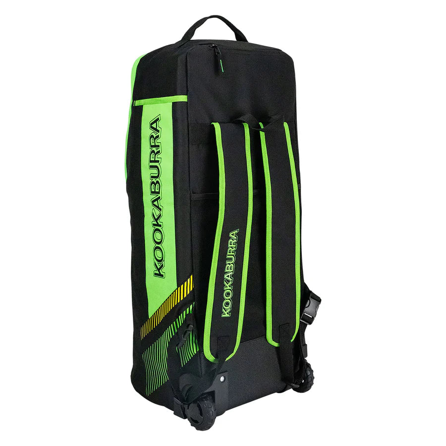 Side angle of WD6000 junior bag highlighting side-mounted wheels and bat sleeve.

