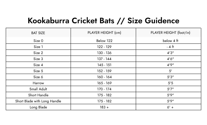Size Guide — Kookaburra Glare 8. 1 Kashmir Willow Cricket Bat