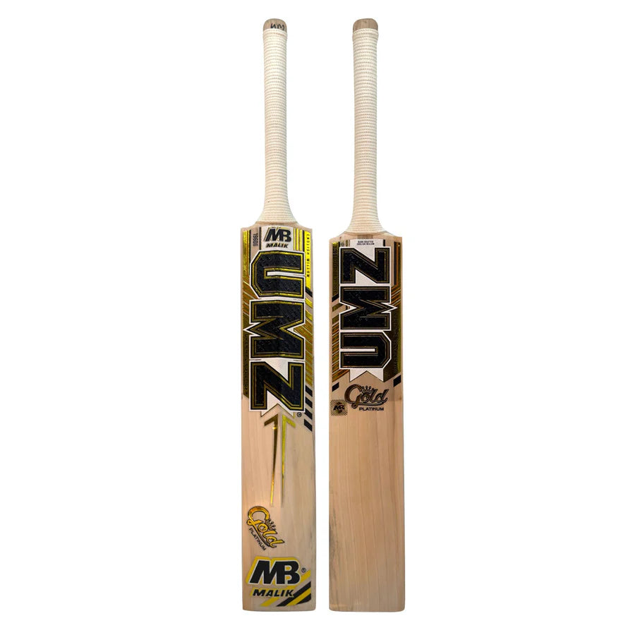 Front face view of the MB Malik Platinum Gold Edition Cricket Bat showing 8 to 10 straight grains on Grade 1 English Willow.