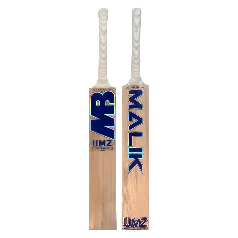 Front face view of the MB Malik UMZ Vintage 5 Star English Willow Cricket Bat showing its clean blade finish and retro green and gold decals.