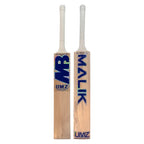 Front face view of the MB Malik UMZ Vintage 5 Star English Willow Cricket Bat showing its clean blade finish and retro green and gold decals.