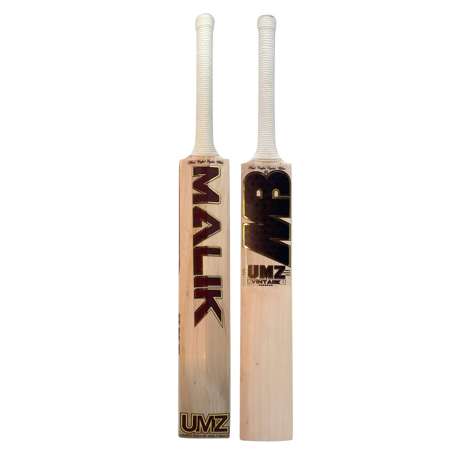 Front face view of the MB Malik UMZ Vintage 7 Star English Willow Cricket Bat showing its premium grain structure and retro-style decals.