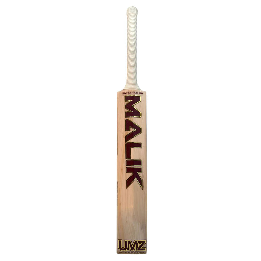 Side profile view of the MB Malik UMZ Vintage 7 Star bat showcasing its distinctive, traditional full-profile shape and thick edges.