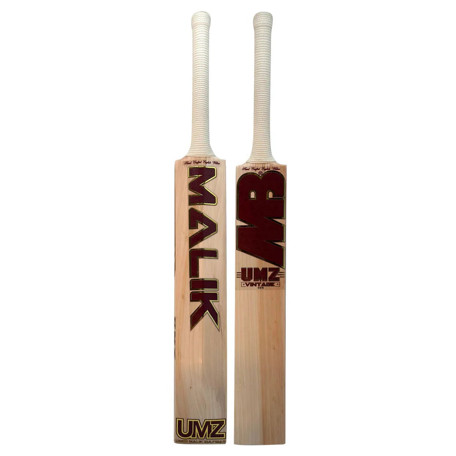 Front face view of the MB Malik Vintage 3 Star Edition Cricket Bat showing its hand-selected premium willow blade and retro stickers.
