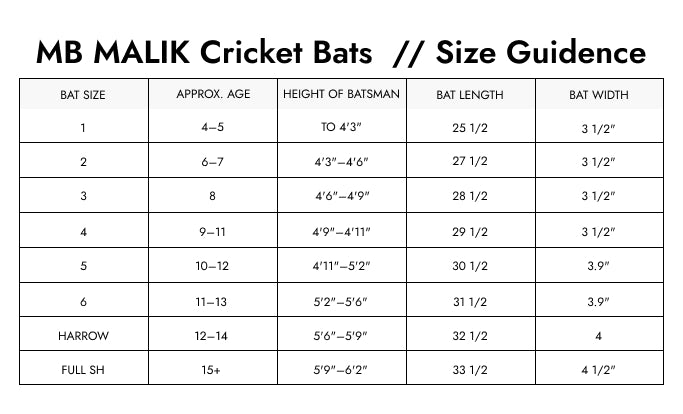 Size Guide — Batte de cricket en saule anglais de Mb Malik Sher Amin
