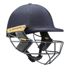 Side view of navy Masuri T Line Titanium Cricket Helmet with Grade 5 titanium grille diagram.