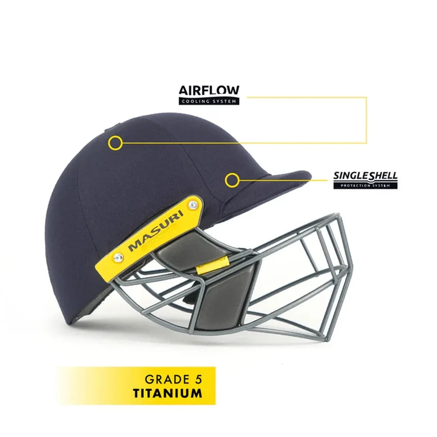 Close-up of the Grade 5 titanium grille and chin padding on Masuri T Line Titanium Cricket Helmet.
