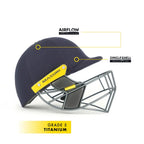 Close-up of the Grade 5 titanium grille and chin padding on Masuri T Line Titanium Cricket Helmet.