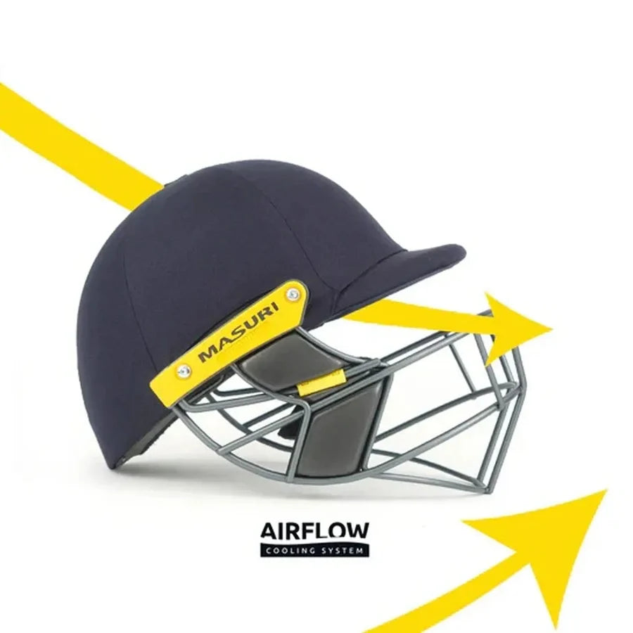 Front perspective of navy Masuri T Line Titanium Cricket Helmet with titanium face guard at Cricketer Point.