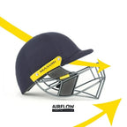 Front perspective of navy Masuri T Line Titanium Cricket Helmet with titanium face guard at Cricketer Point.