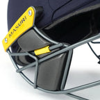 Inner shell view of navy Masuri T Line Titanium Cricket Helmet showing stemguard attachment area.