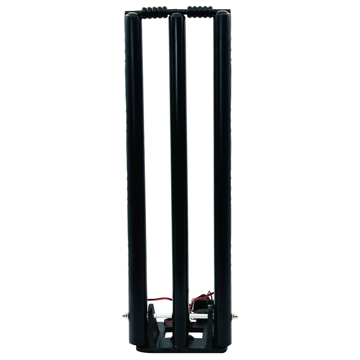 Detail shot of the cast iron base hinge and wiring connection on cricket stumps.
