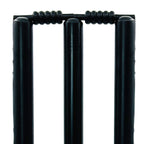 Close-up of the heavy-duty metal spring-return base and power wiring of black cricket stumps.   