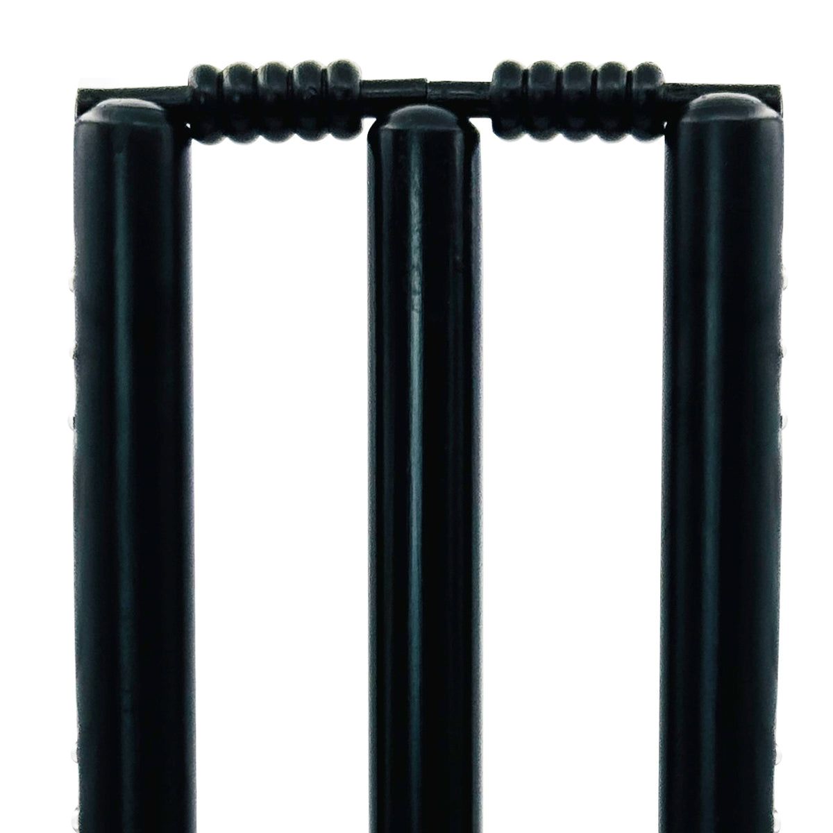 Close-up of the heavy-duty metal spring-return base and power wiring of black cricket stumps.   
