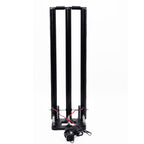 Front view of complete black LED spring-return cricket stumps set with matching bails.