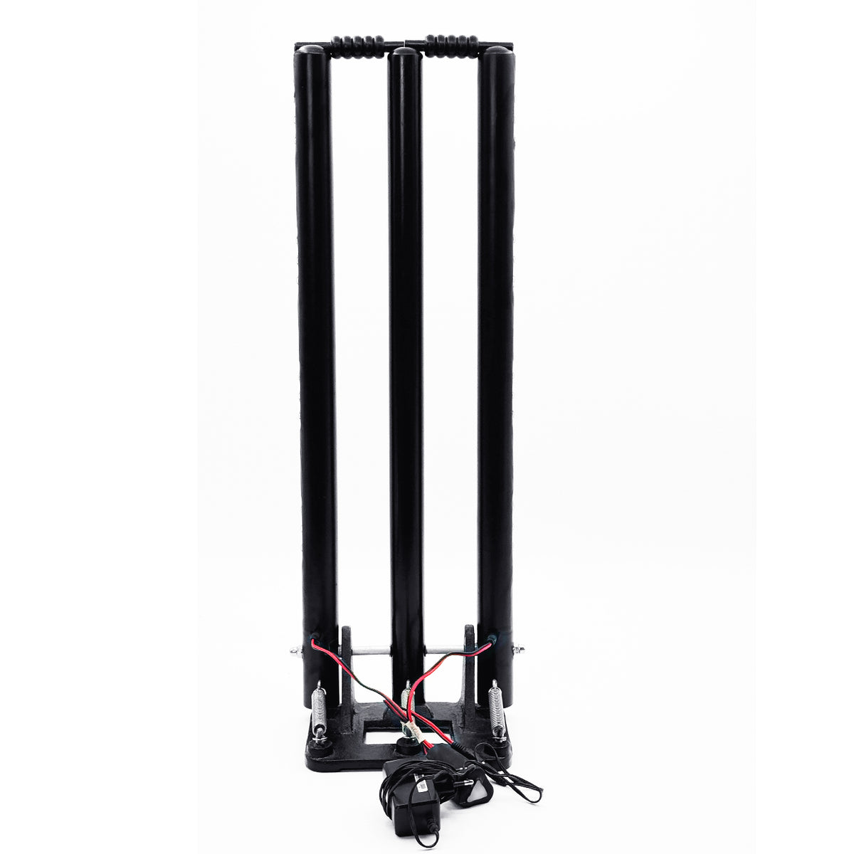 Front view of complete black LED spring-return cricket stumps set with matching bails.