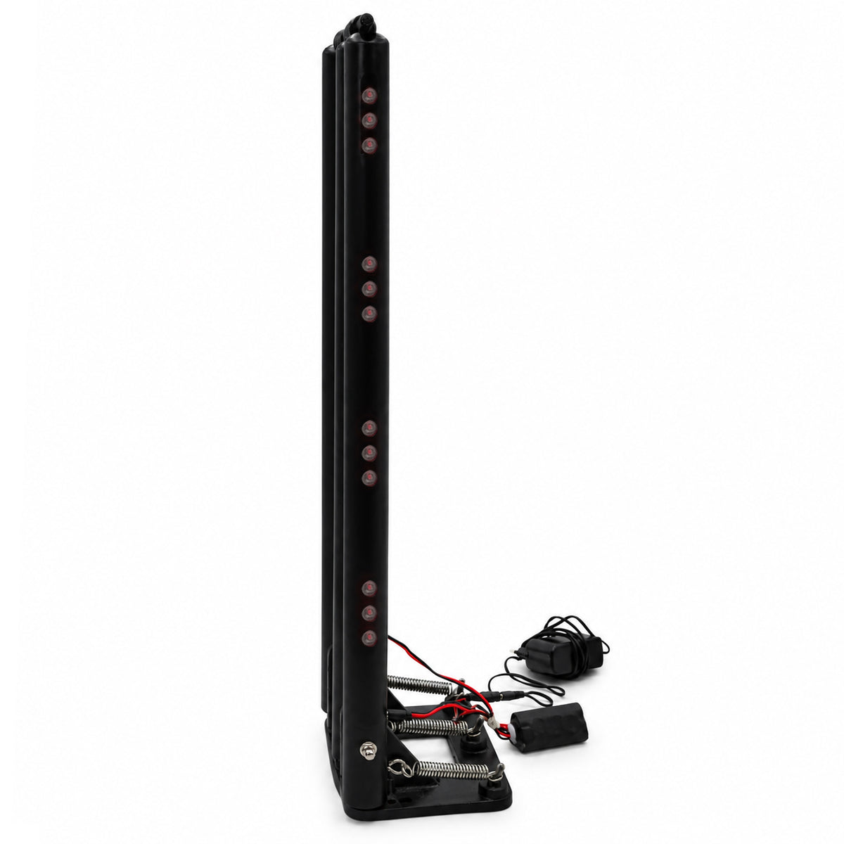 Side view of Premium LED Spring-Return Cricket Stumps illuminated with glowing red lights
