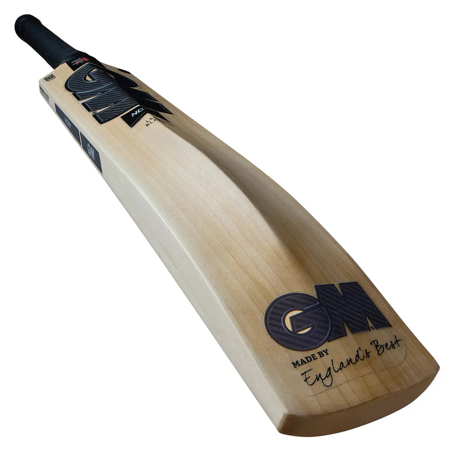 Noir Signature cricket bat rear spine view with GM branding
