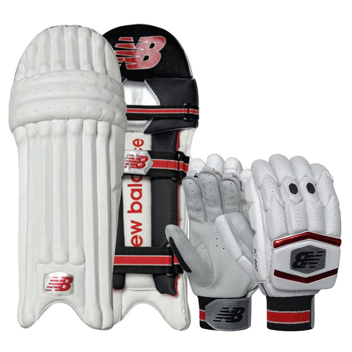 New Balance TC 860 batting combo set featuring white cricket batting pads and matching gloves