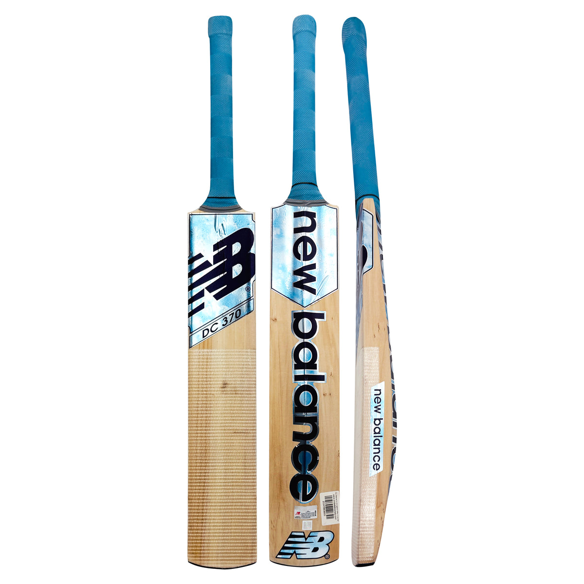 Multi-angle showcase of the New Balance DC 370 Kashmir Willow cricket bat featuring front, back, and side profile views.