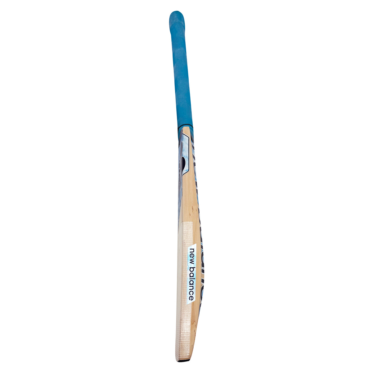 Side profile displaying the curved blade and balanced pickup of the New Balance cricket bat.   