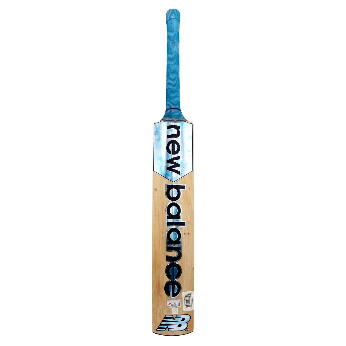 Front view of the New Balance DC 370 Kashmir Willow cricket bat featuring blue grip and branding.