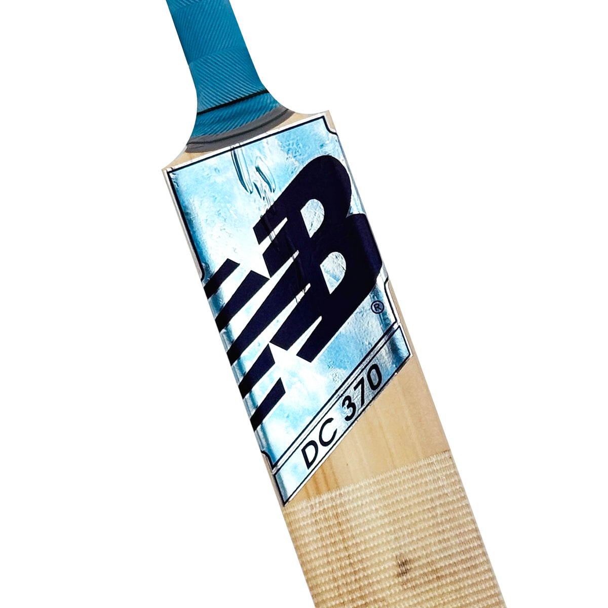 Close-up of the front sticker and branding on the New Balance DC 370 Kashmir Willow cricket bat.