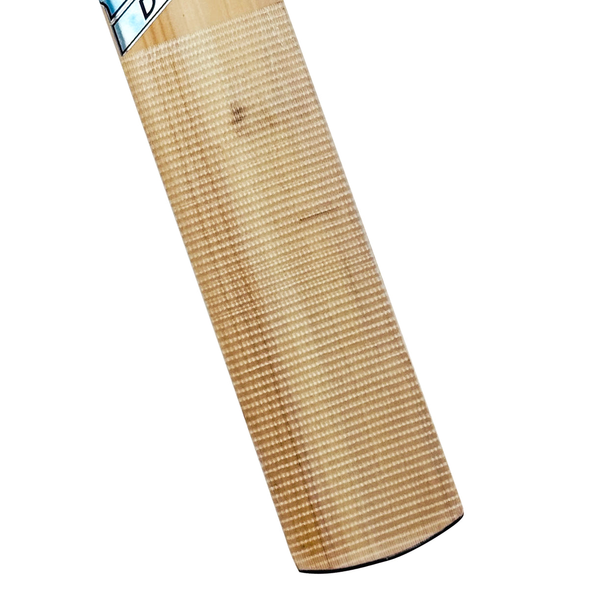 Close-up of the taped face and natural wood grain of the New Balance DC 370 Kashmir Willow cricket bat.
