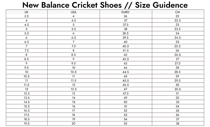 Size Guide — New Balance CK4020I4 Cricket Shoes