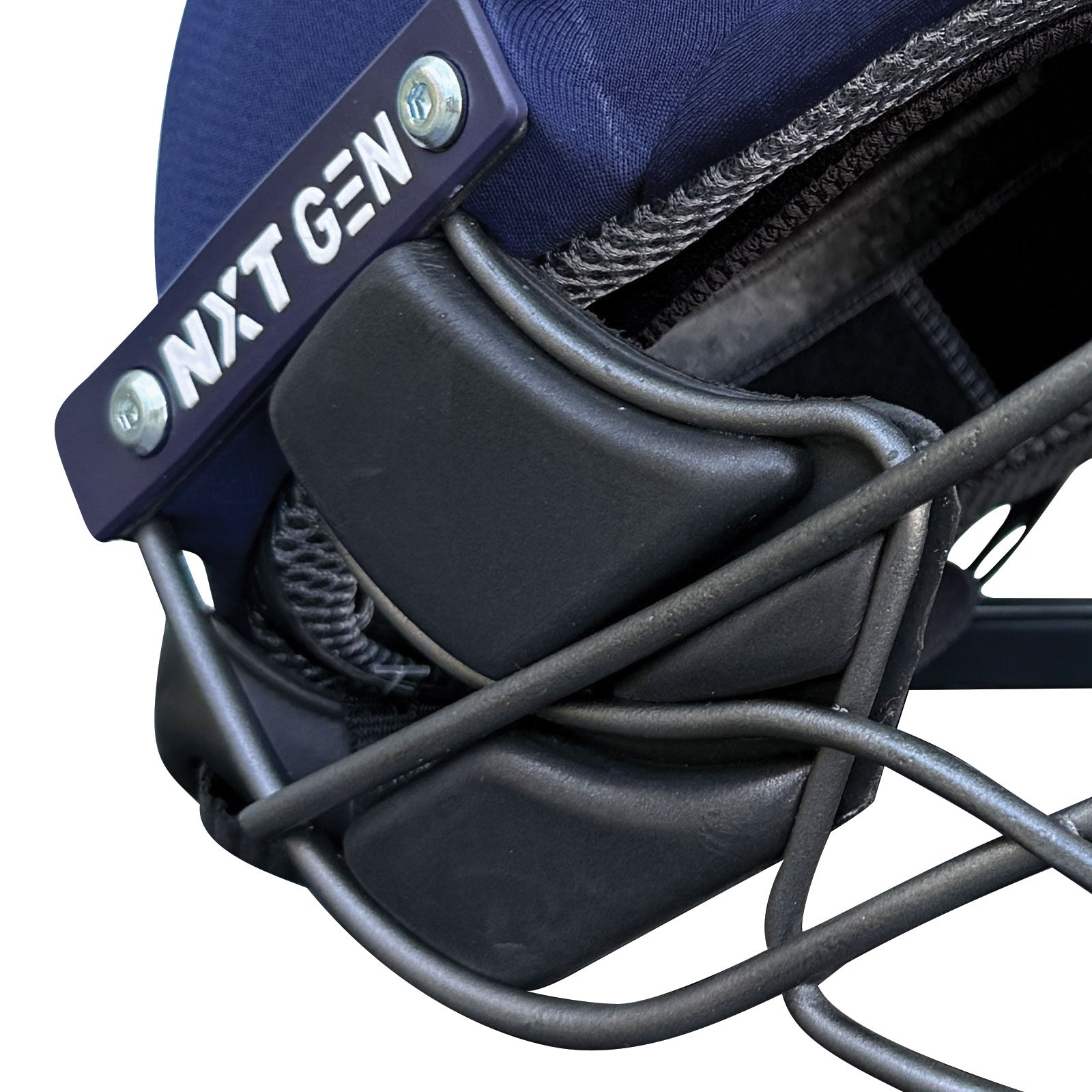 Clean macro shot capturing the high-grade fabric texture of the dark blue cloth cricket helmet casing.