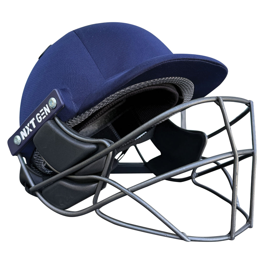 rear profile of Next Generation Elite Cricket Helmet With Adjuster with circular air vents and silver NG logo.