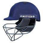 Next Generation Elite Cricket Helmet With Adjuster in navy blue with side NXT GEN branding plate.