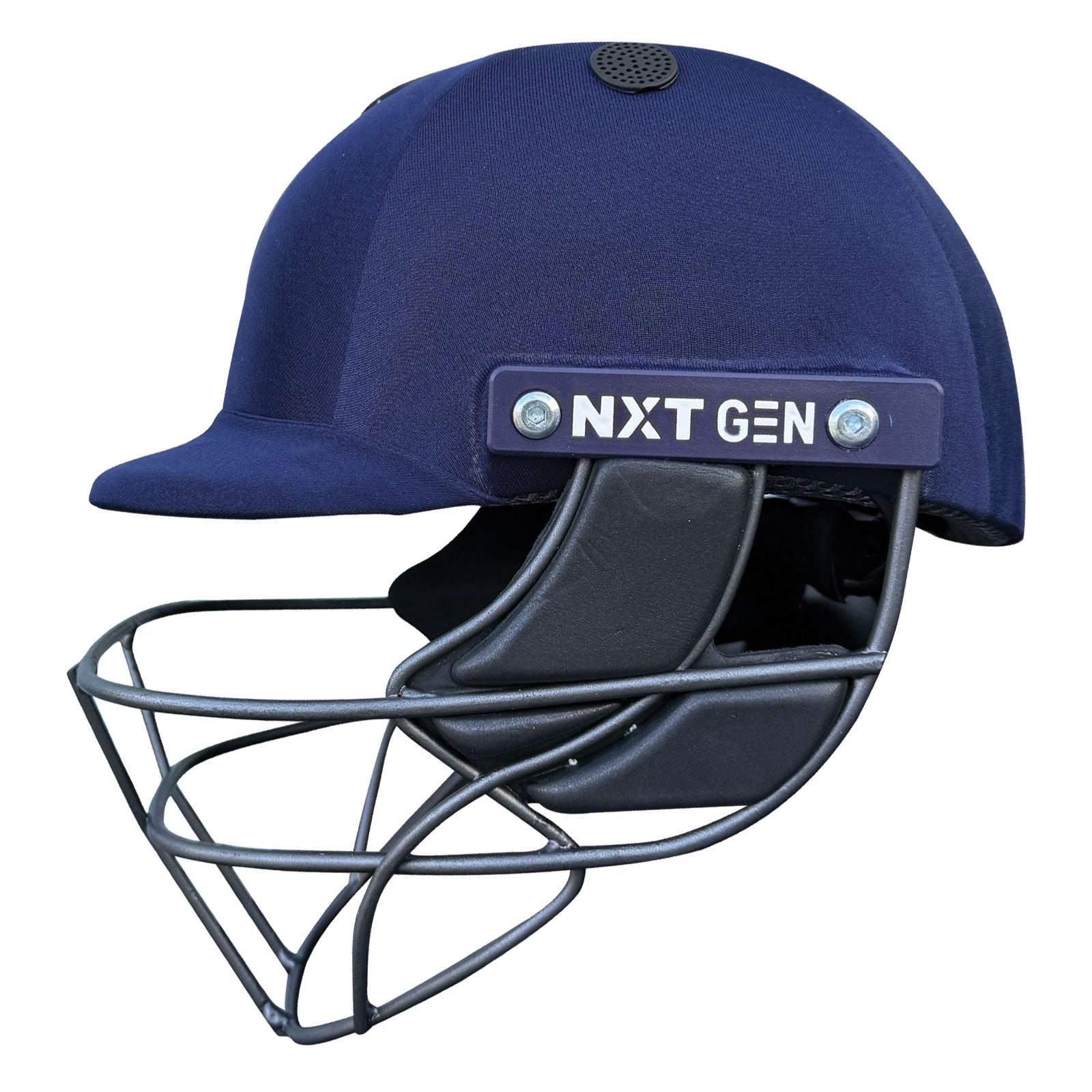 Next Generation Elite Cricket Helmet With Adjuster in navy blue with side NXT GEN branding plate.