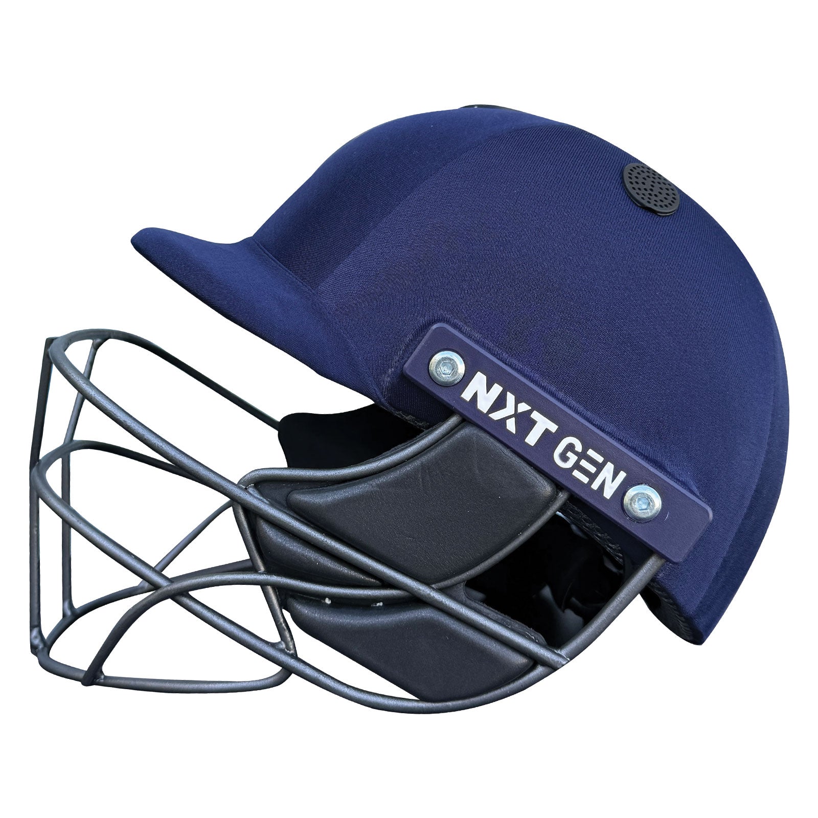 Front dynamic view of the Next Generation Elite Cricket Helmet showcasing the solid grey metal face grille.