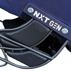 Top view displaying the integrated multi-port circular cooling air ventilation holes on the navy sports helmet.