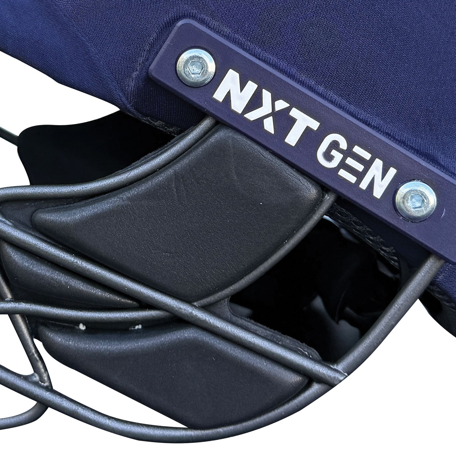 Top view displaying the integrated multi-port circular cooling air ventilation holes on the navy sports helmet.