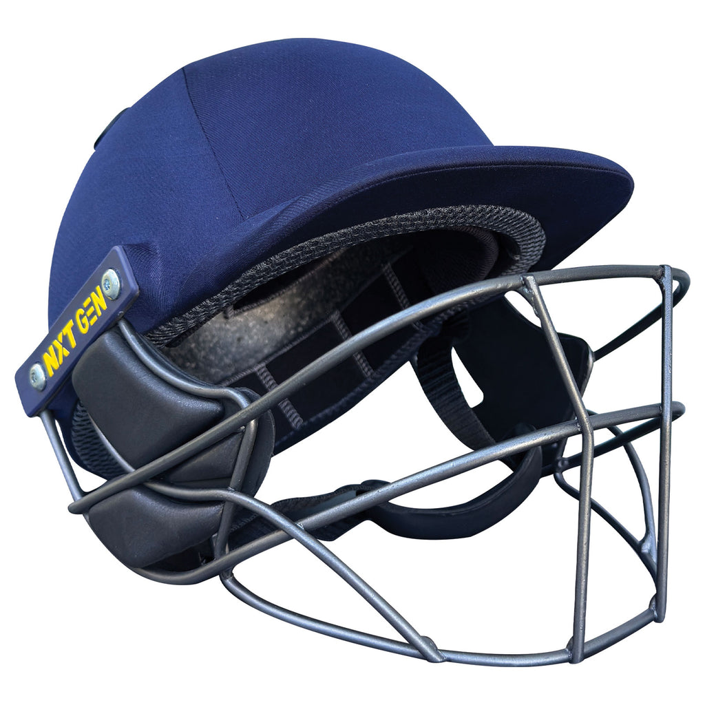 High-contrast studio shot of the professional navy blue cricket helmet highlighting the metallic grey face guard wire.