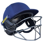 High-contrast studio shot of the professional navy blue cricket helmet highlighting the metallic grey face guard wire.