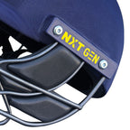 Side view highlighting the yellow branded plaque and silver rivet fasteners on the navy blue cricket helmet.