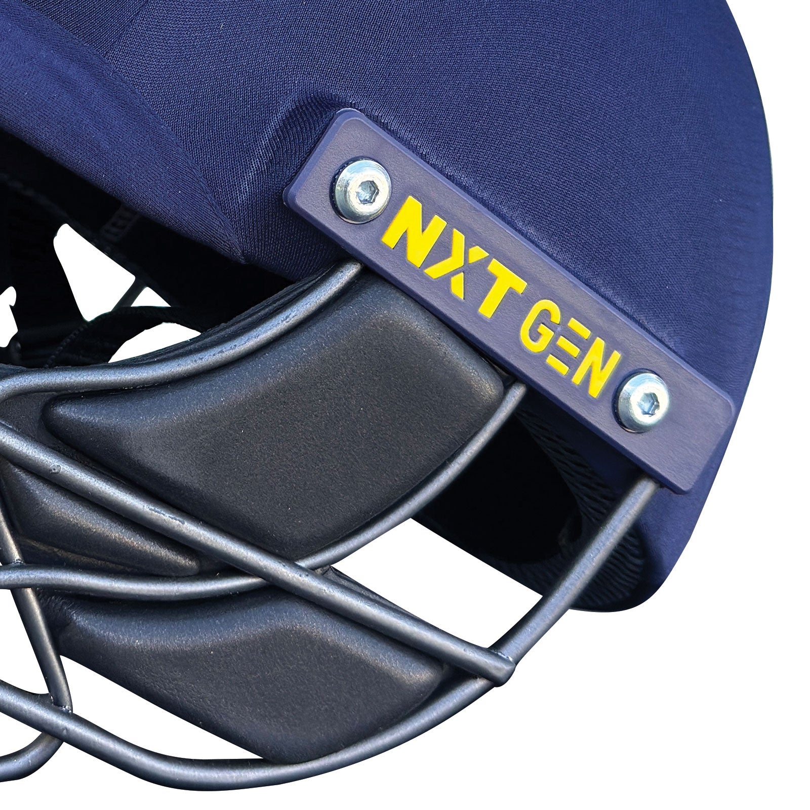 Side view highlighting the yellow branded plaque and silver rivet fasteners on the navy blue cricket helmet.