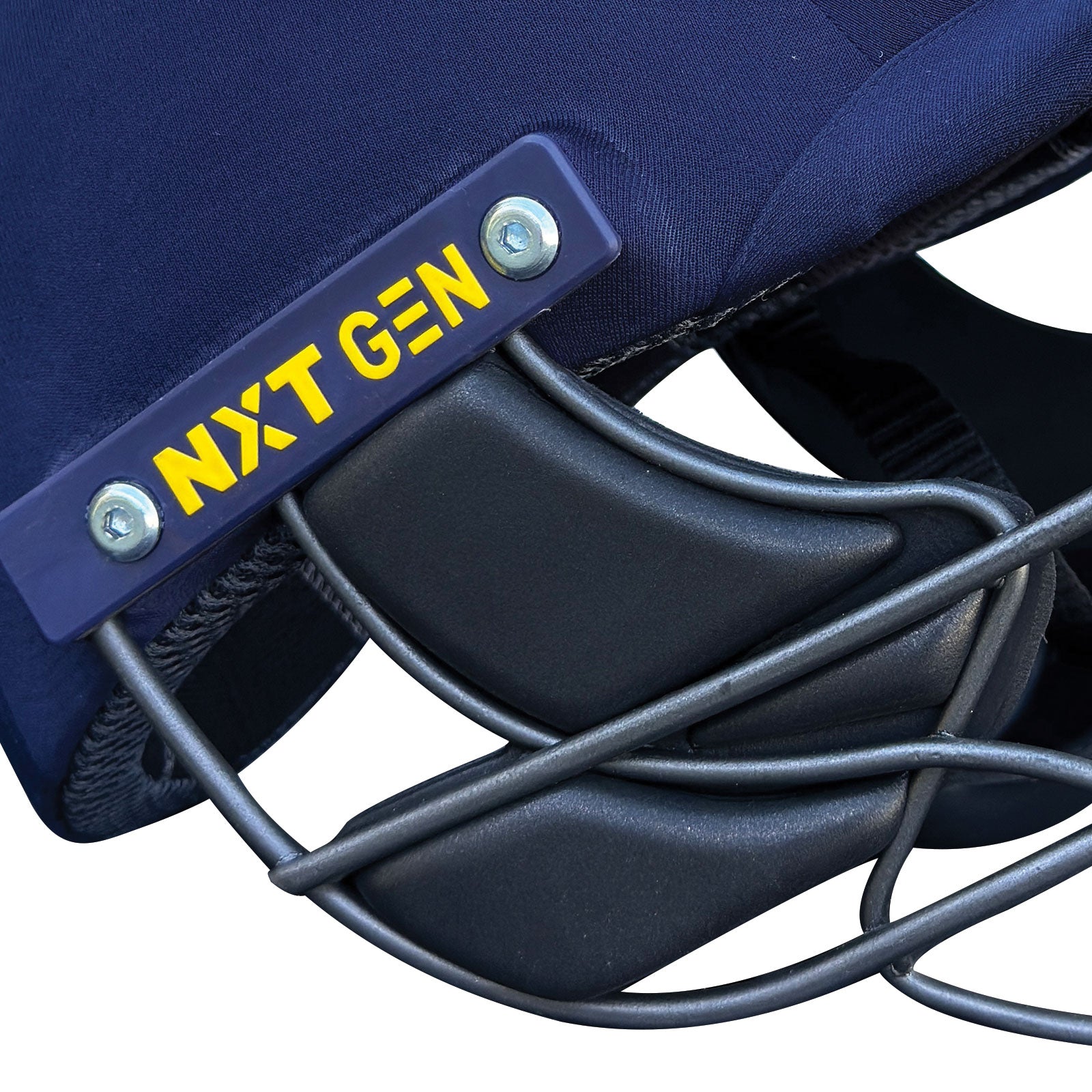 Detailed view of the embroidered yellow logo insignia on the rear panel of the navy cricket helmet.