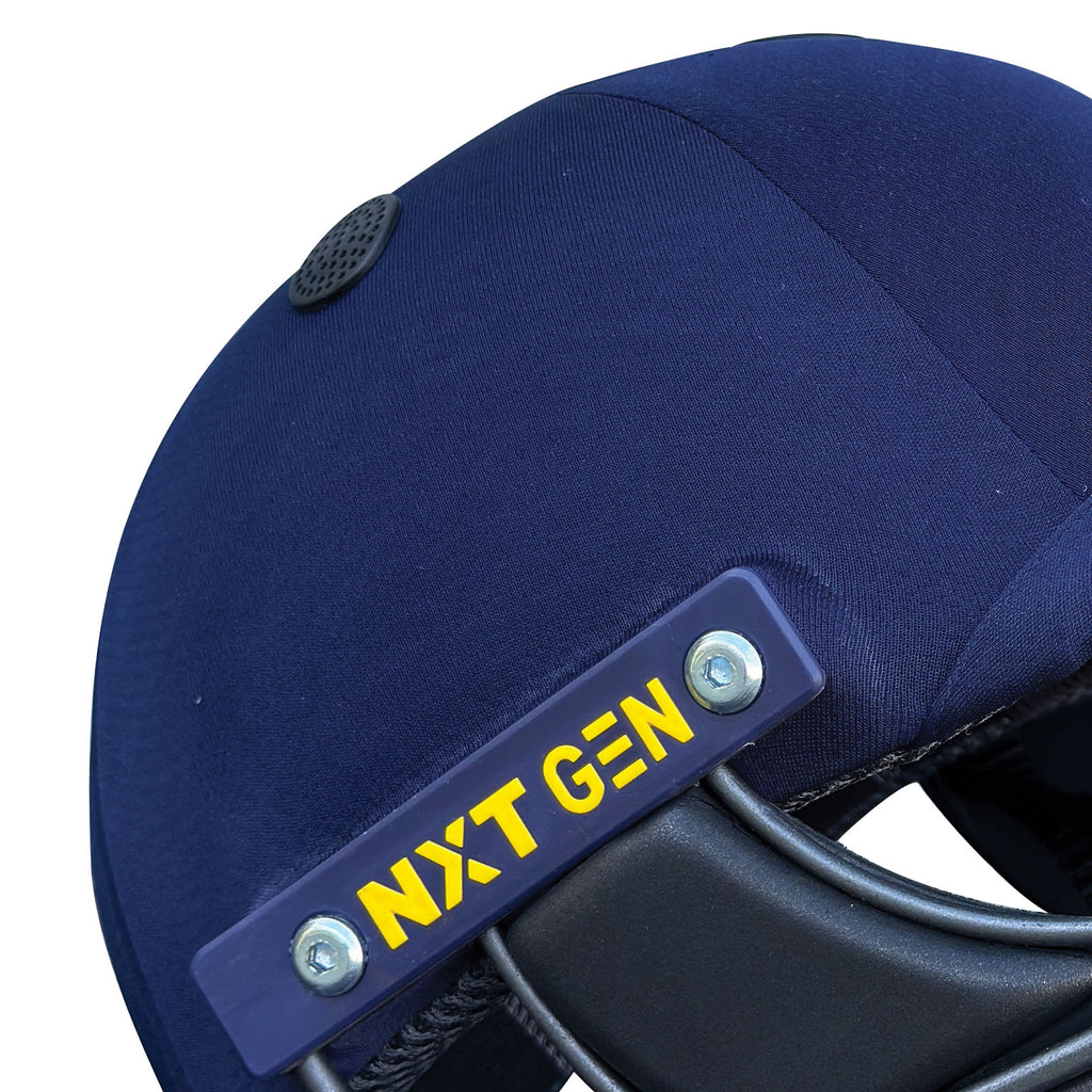 Full layout of the premium navy blue cricket helmet showing its rigid brow visor and steel face shield.