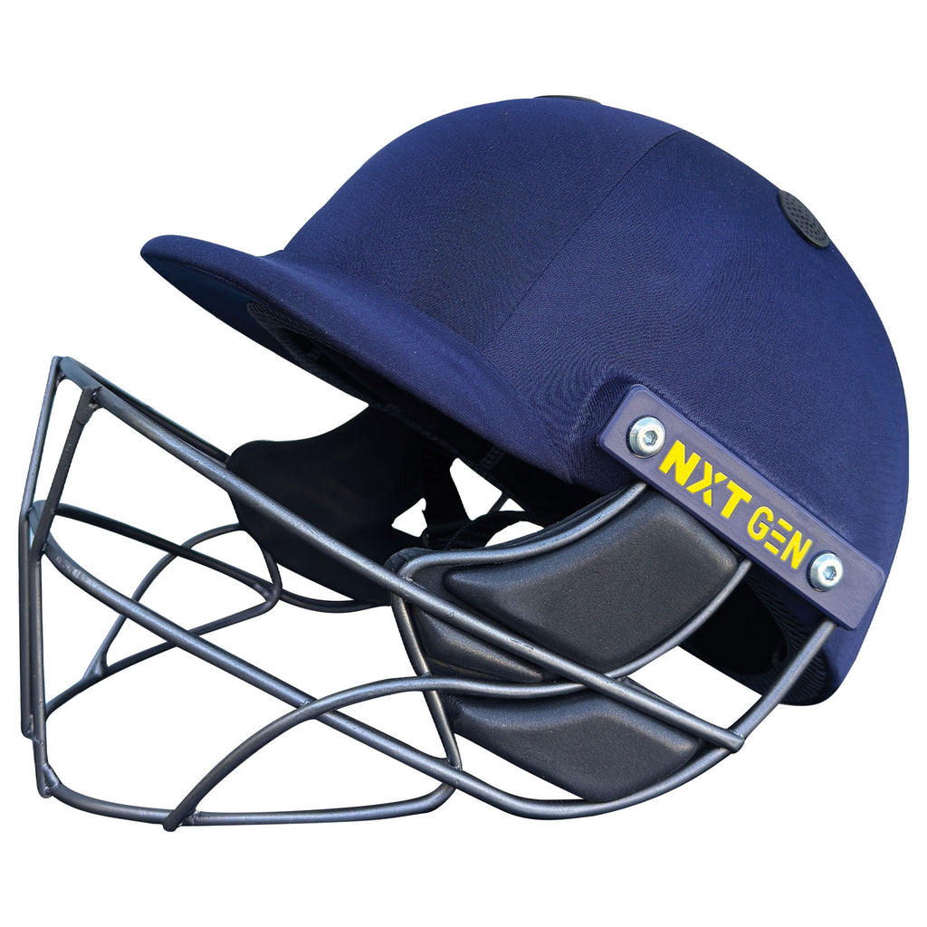 Next Generation Pro Max Cricket Helmet in navy blue with a steel face grille and black ear padding.