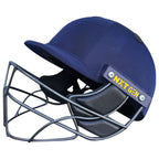Next Generation Pro Max Cricket Helmet in navy blue with a steel face grille and black ear padding.