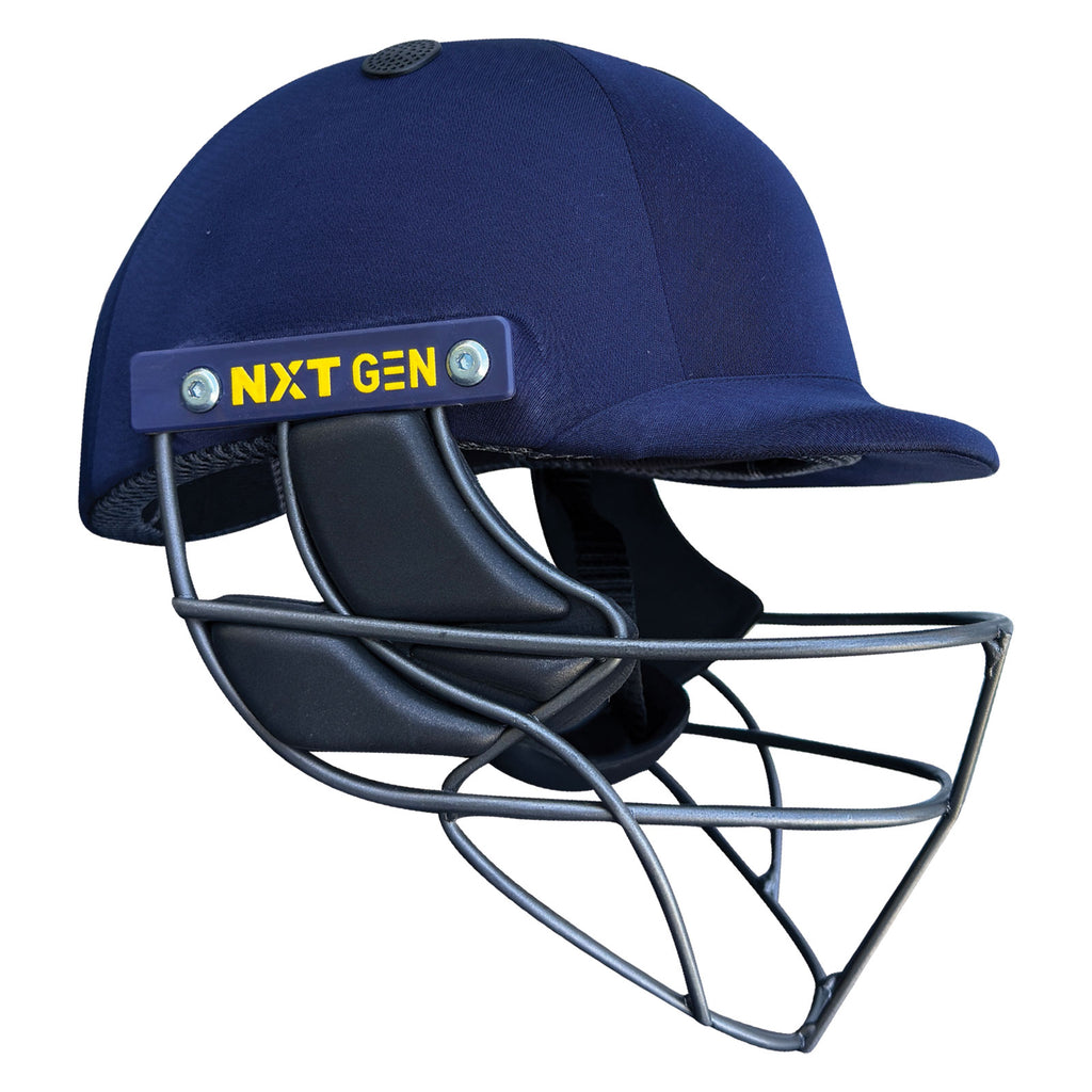 the side profile of Next Generation Pro Max Cricket Helmet with yellow NXT GEN logo branding.