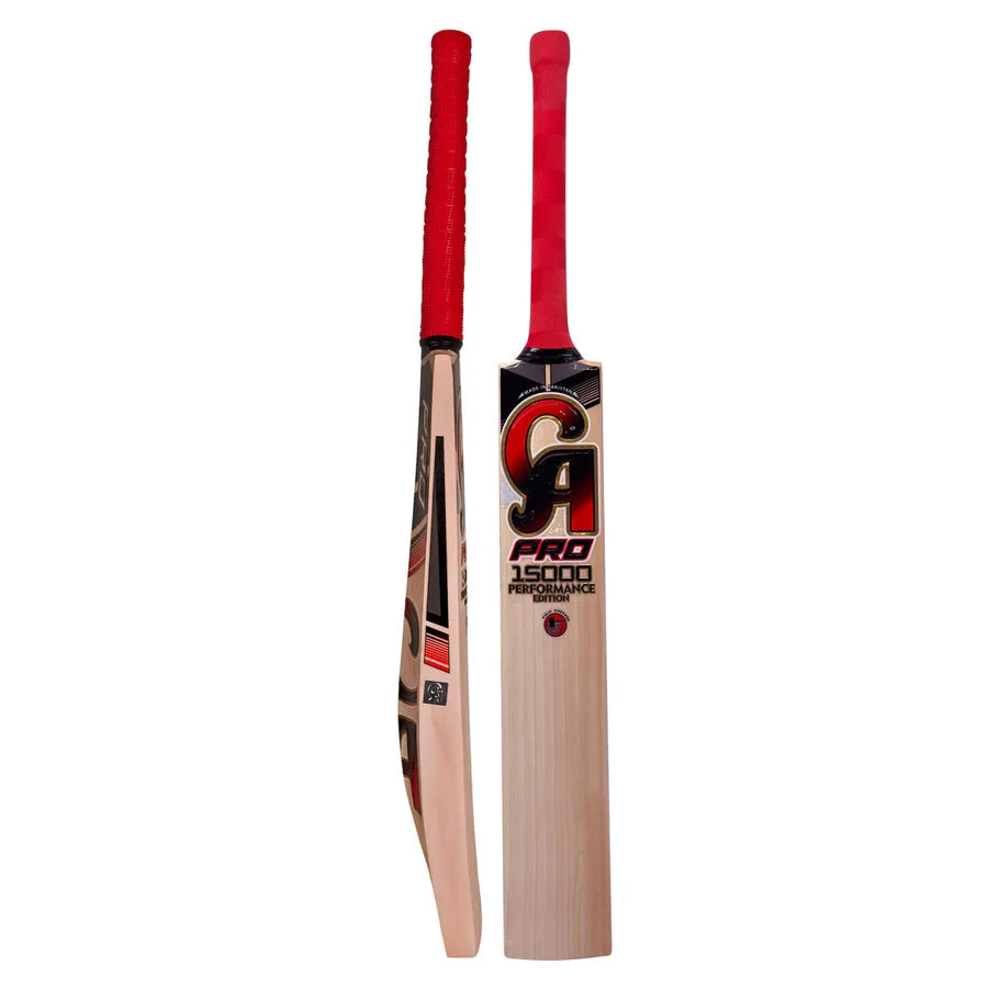 Full view of CA Pro 15000 Performance Edition English Willow Cricket Bat highlighting straight wood grain lines.