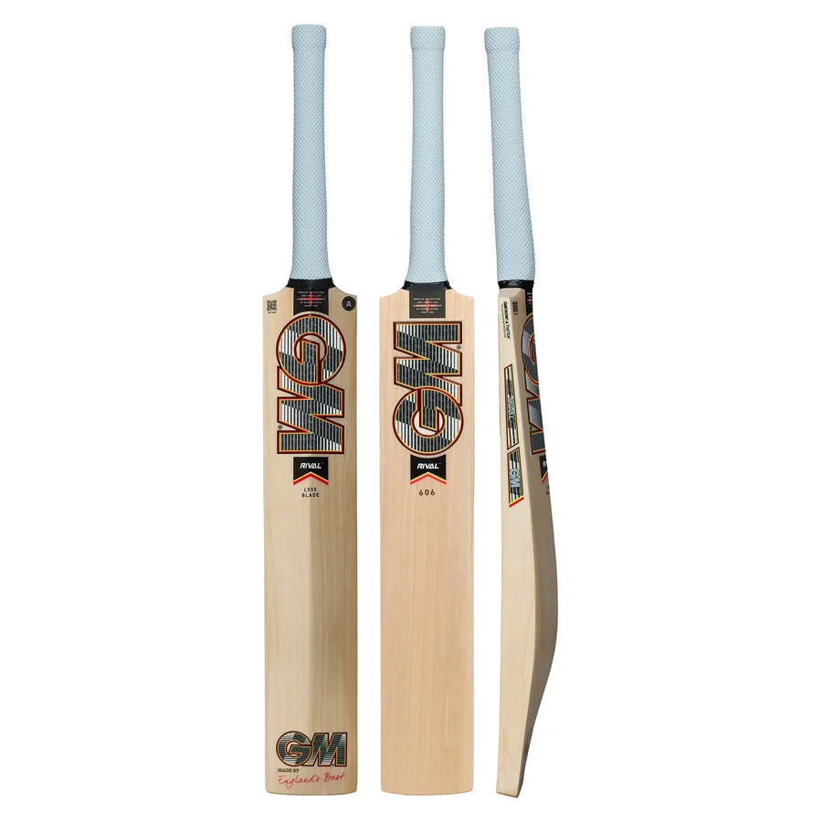 Gunn & Moore Rival 606 Cricket Bat showing front face, back profile, and side edge view