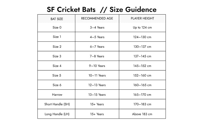 Size Guide — SF BLASTER 8000 Cricket-Schläger aus englischer Weide