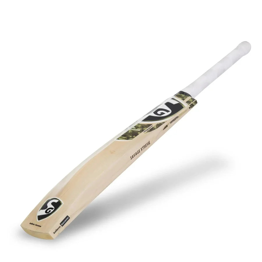 SG Savage Xtreme English Willow bat with traditionally shaped blade and shock-absorbing cane handle for pro use — Cricketer Point.